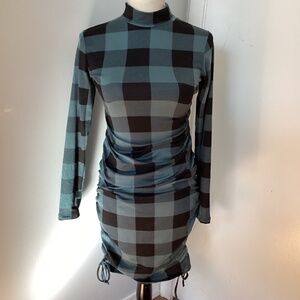 NWOT HELLO MIZ MATERNTY SMALL MIDI DRESS MOCKNECL PLAID TEAL BLACK